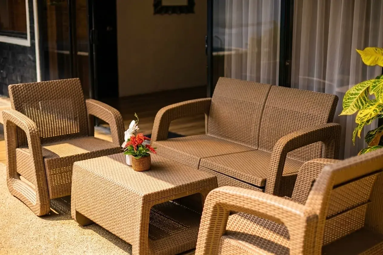 Villa 1 — poolside rattan lounge set with two armchairs, a loveseat, and a coffee table beside the glass doors