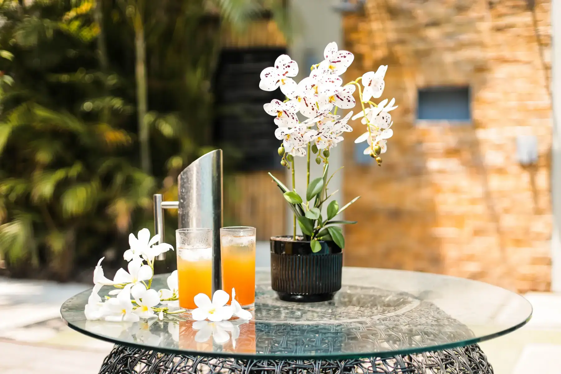 Villa 2 — welcome drinks and orchids by the pool